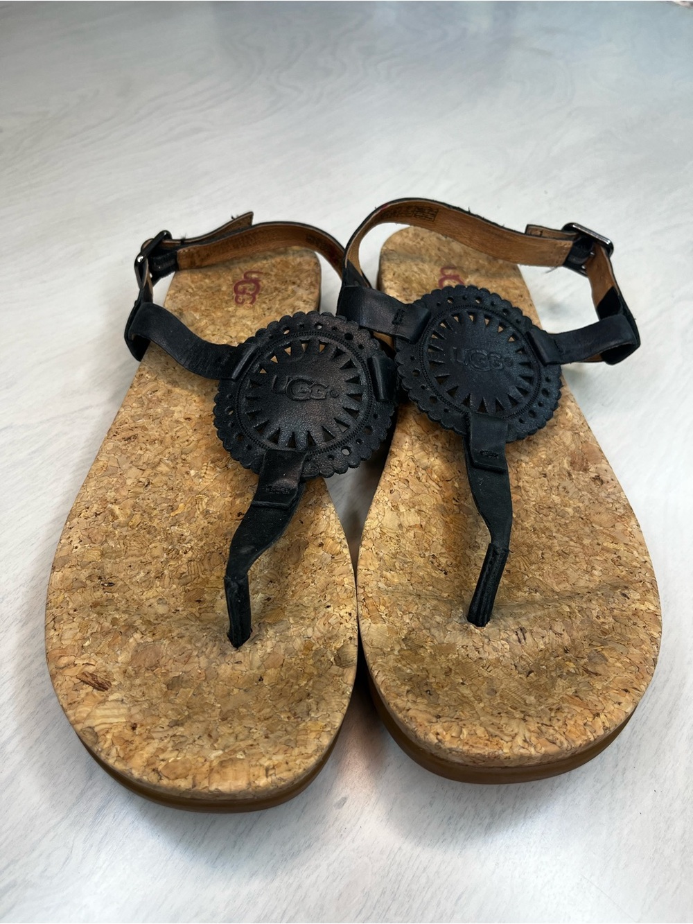 UGG Black Cork Footbed T-Strap Sandals, size 9.5